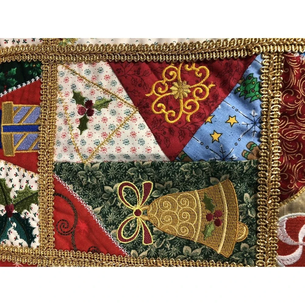 Christmas Table Runner Snowman Handmade Embroidered Double Sided Multi Color